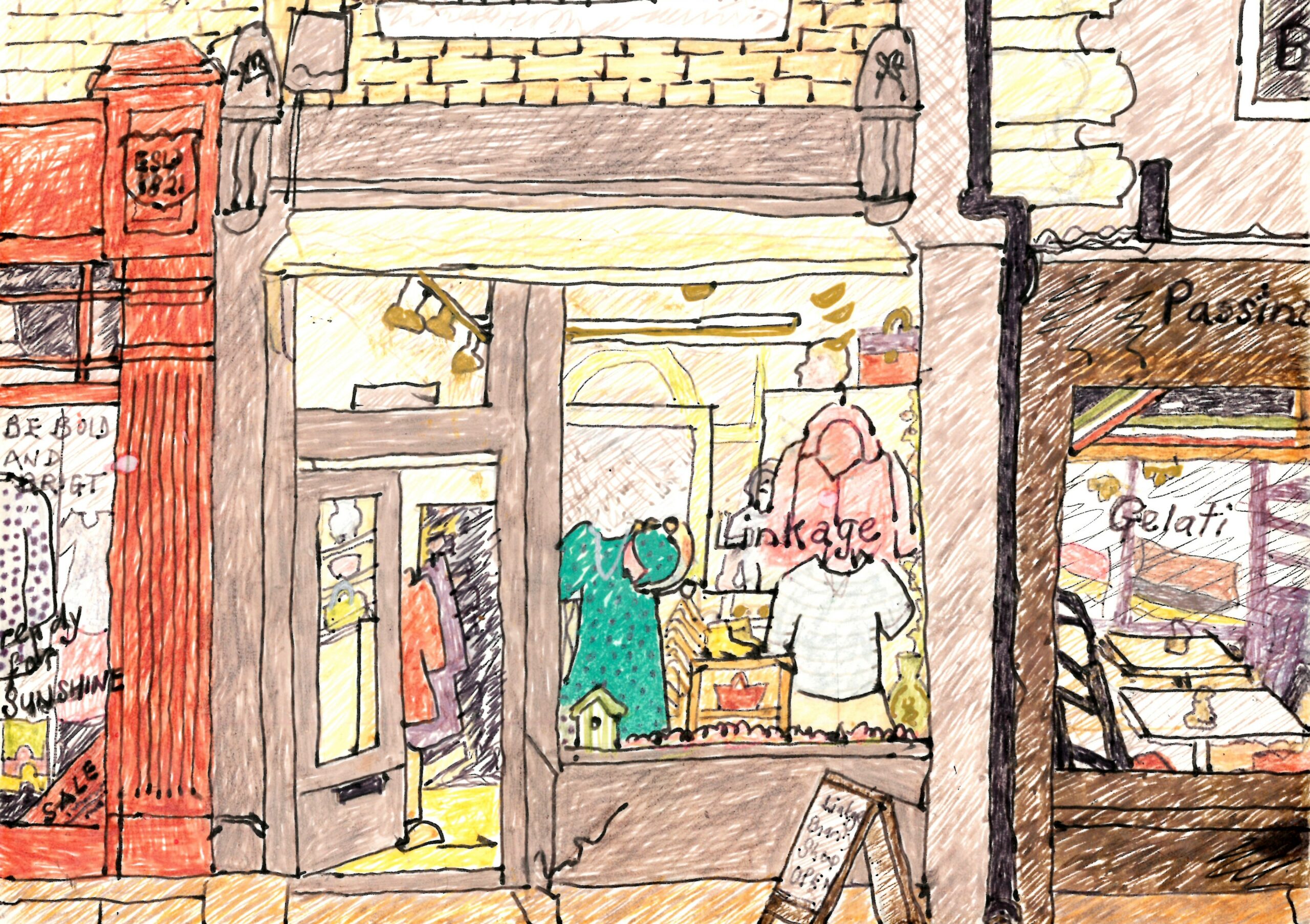 Hand drawn Illustration of the Linkage Charity Shop.